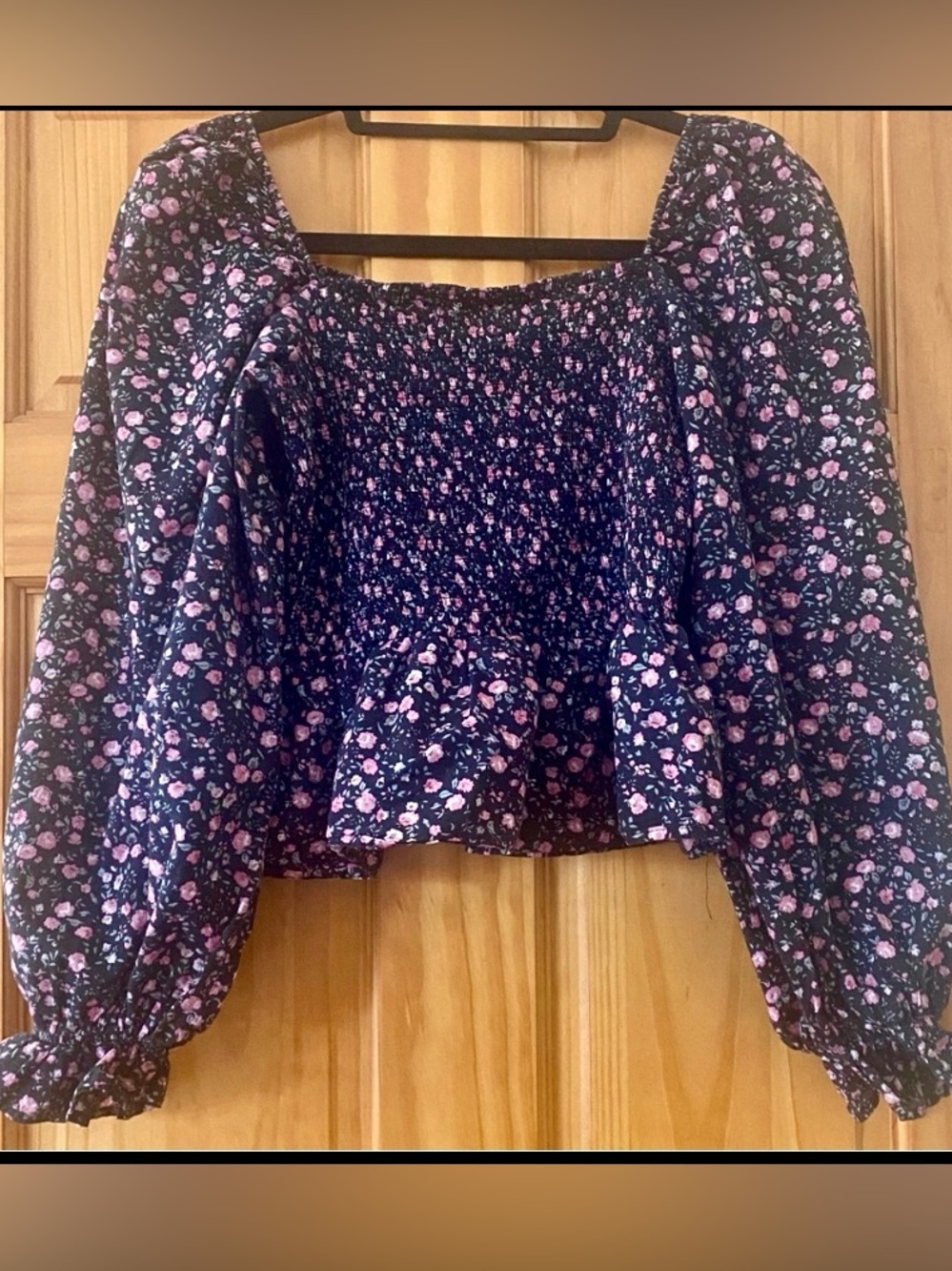Dizzy Lizzy Floral Smocked Peplum Crop Top Cottagecore Puff Sleeve Boho L
